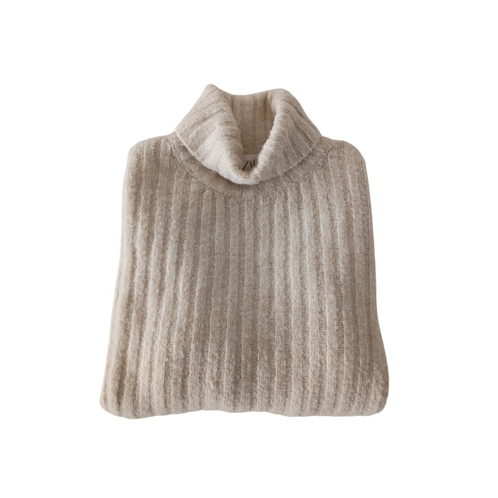 Zara NWT Cream Ribbed Cropped Turtleneck Sweater Long Sleeve Minimalist S XS - Picture 5 of 12